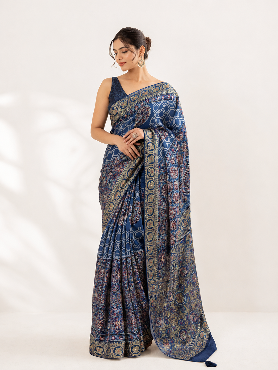 Pure Modal Ajrak Hand Work Saree
