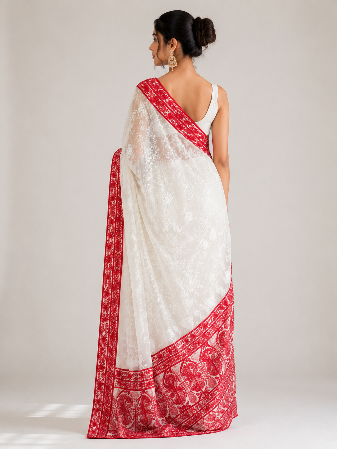 White Red Chikankari Saree