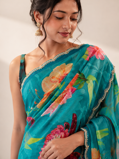 Italian Crepe Printed Handwork Saree