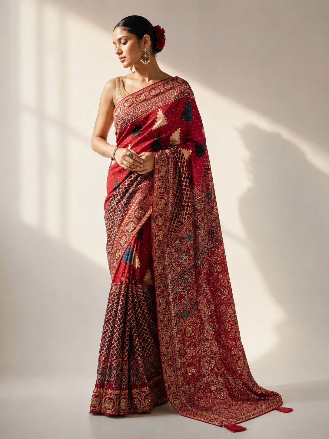 Pure Modal Ajrak Hand Work Saree