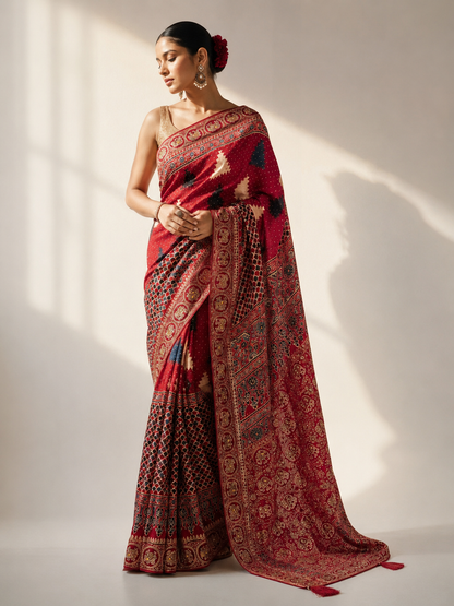 Pure Modal Ajrak Hand Work Saree