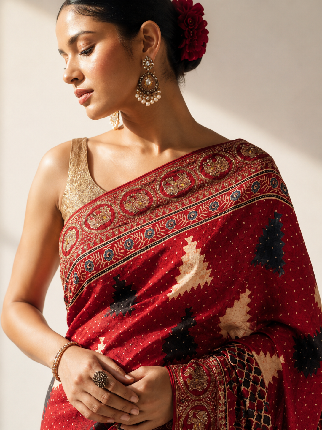 Pure Modal Ajrak Hand Work Saree