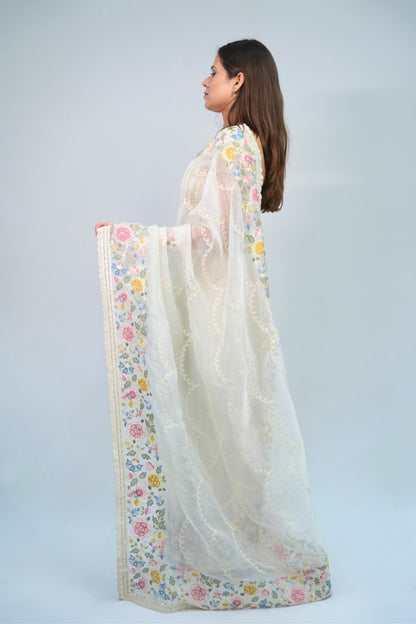 Tissue embroidery saree