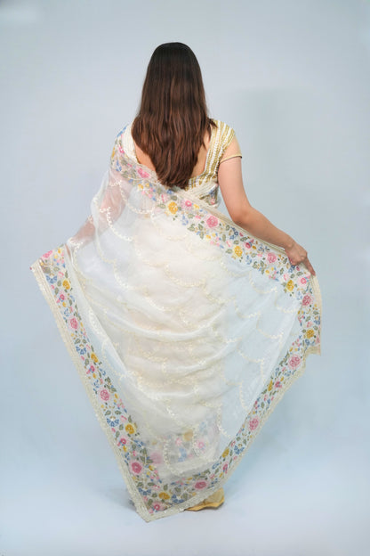 Tissue embroidery saree