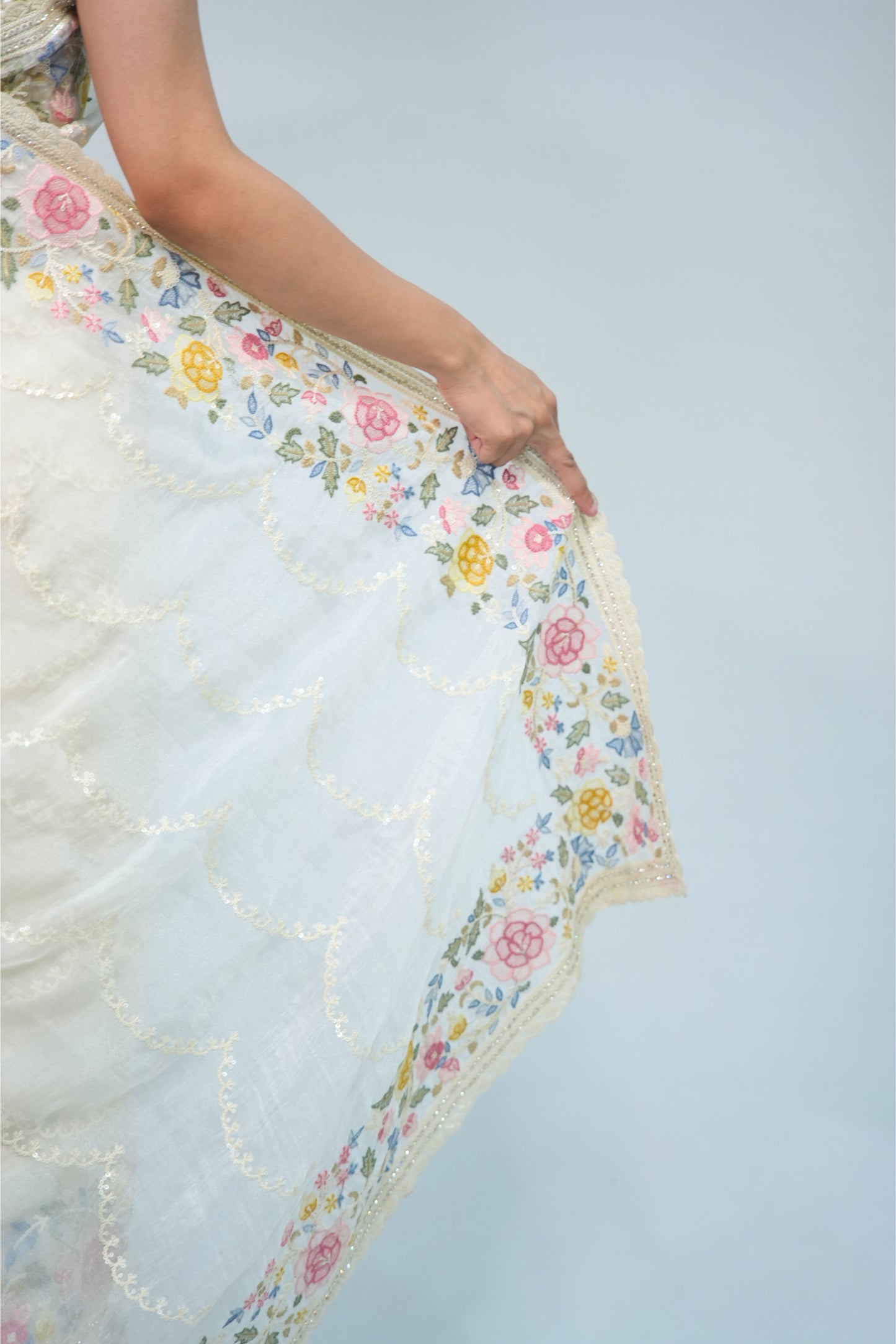 Tissue embroidery saree