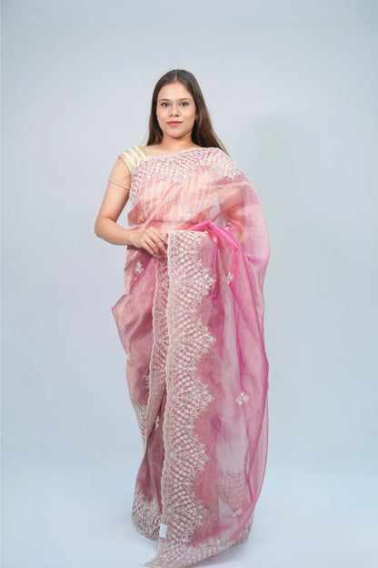 Tissue embroidery saree