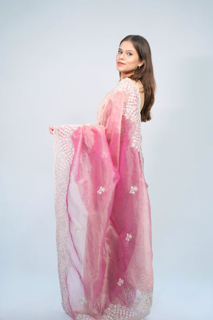 Tissue embroidery saree