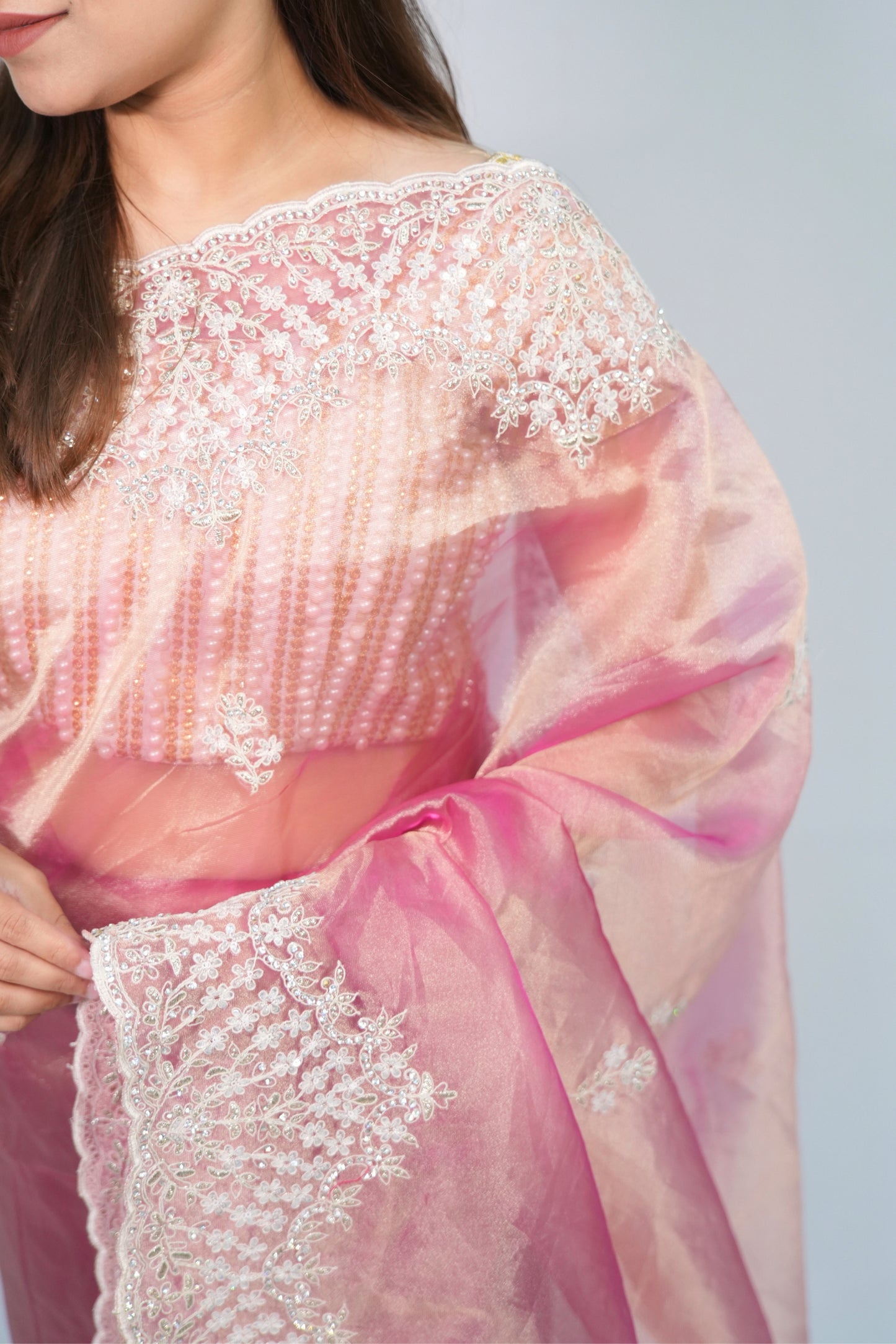 Tissue embroidery saree