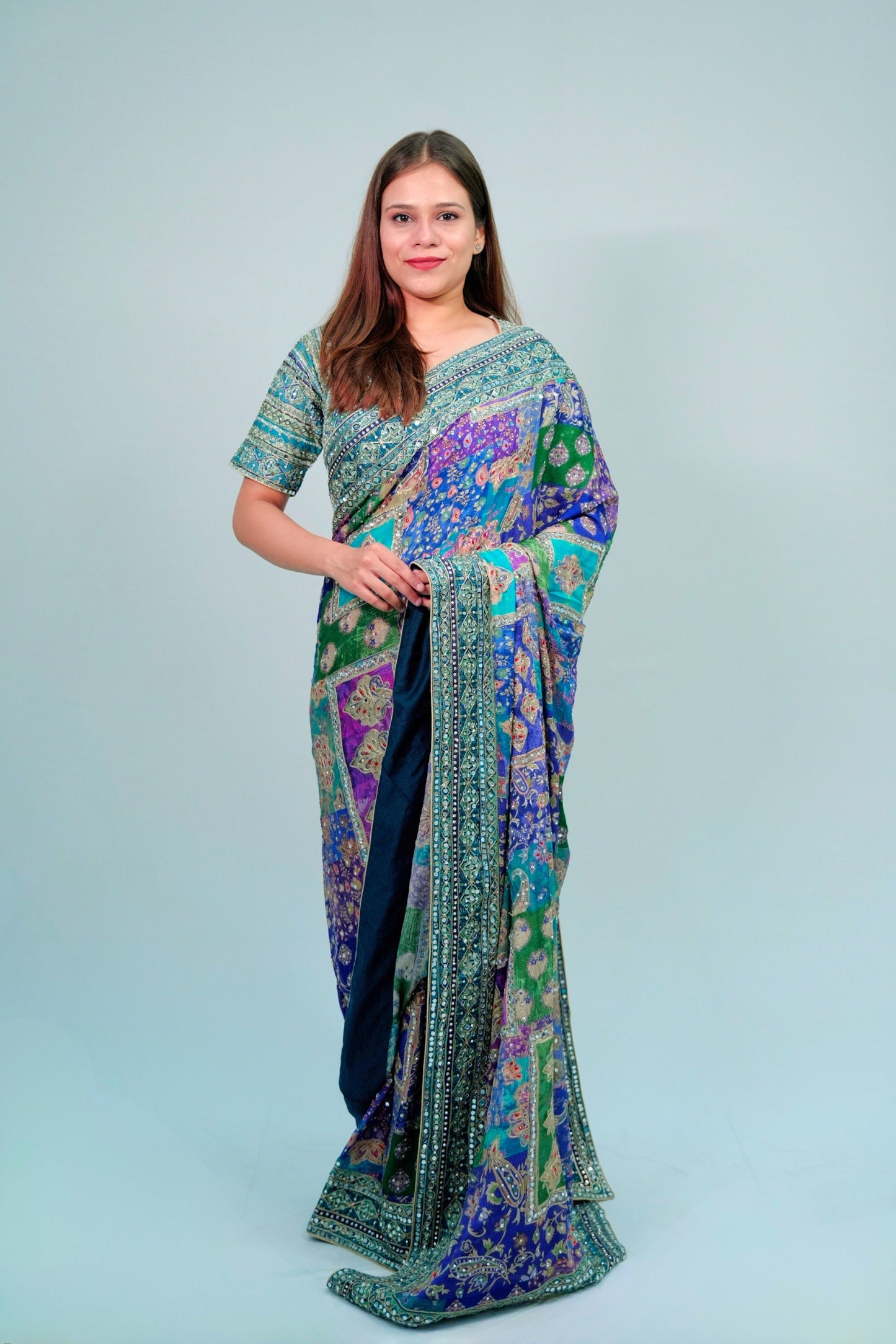 Chinon crepe printed saree with Mirror work with ready blouse