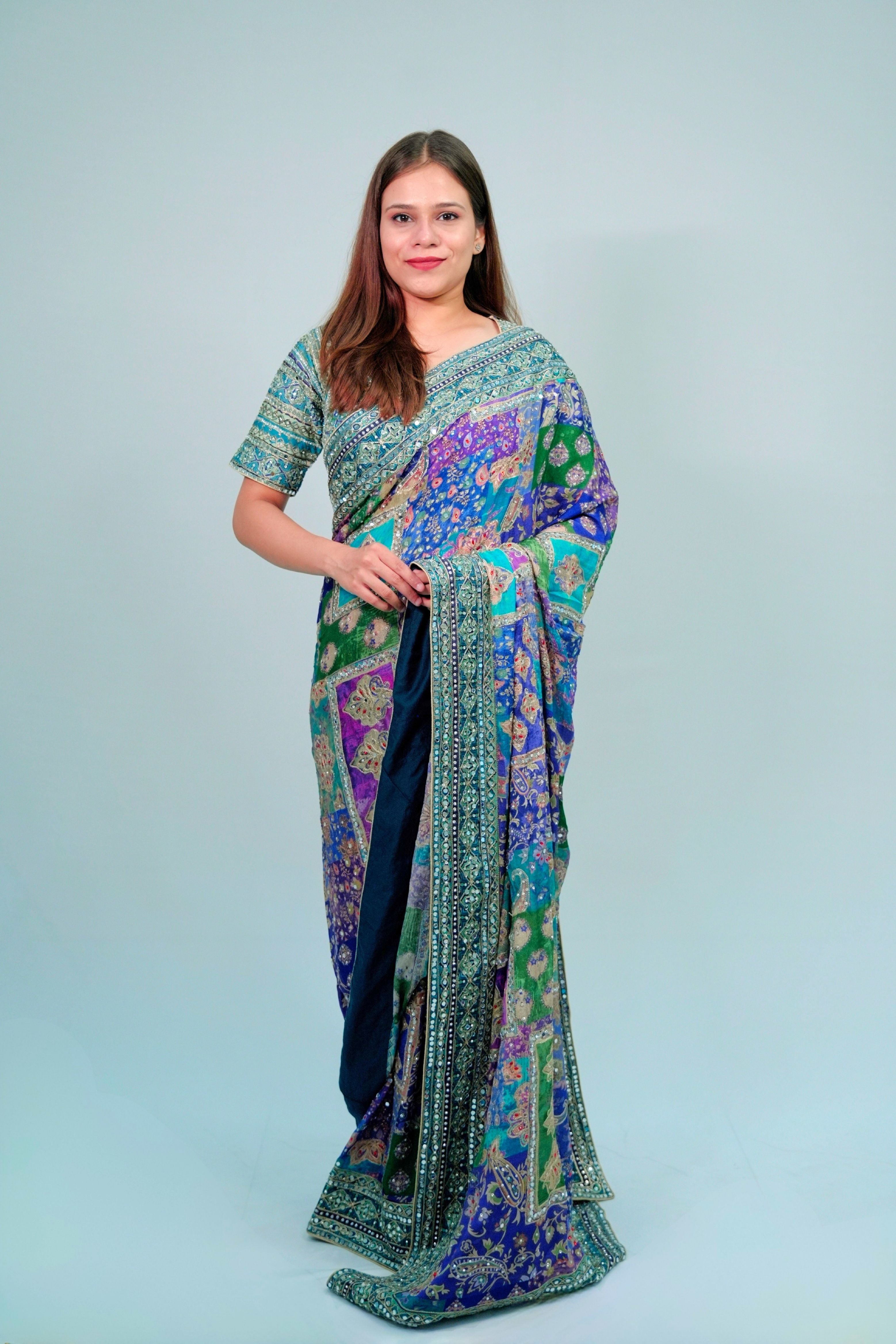 Chinon crepe printed saree with Mirror work with ready blouse