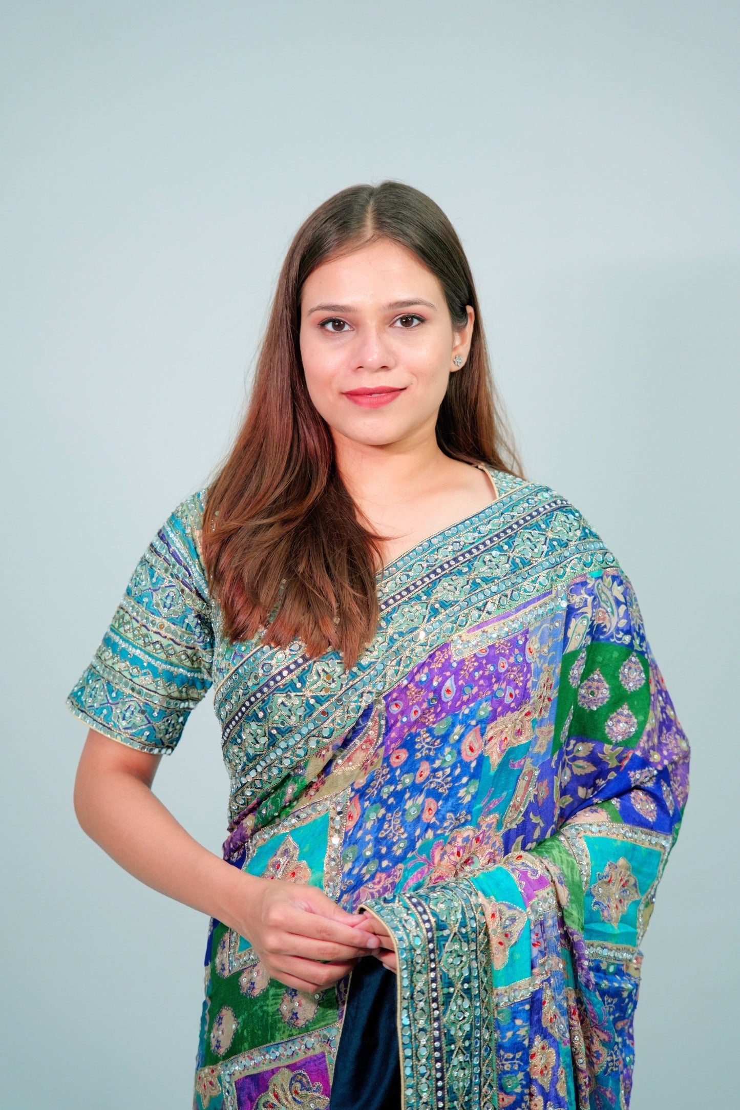 Chinon crepe printed saree with Mirror work with ready blouse