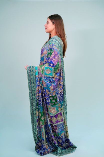 Chinon crepe printed saree with Mirror work with ready blouse