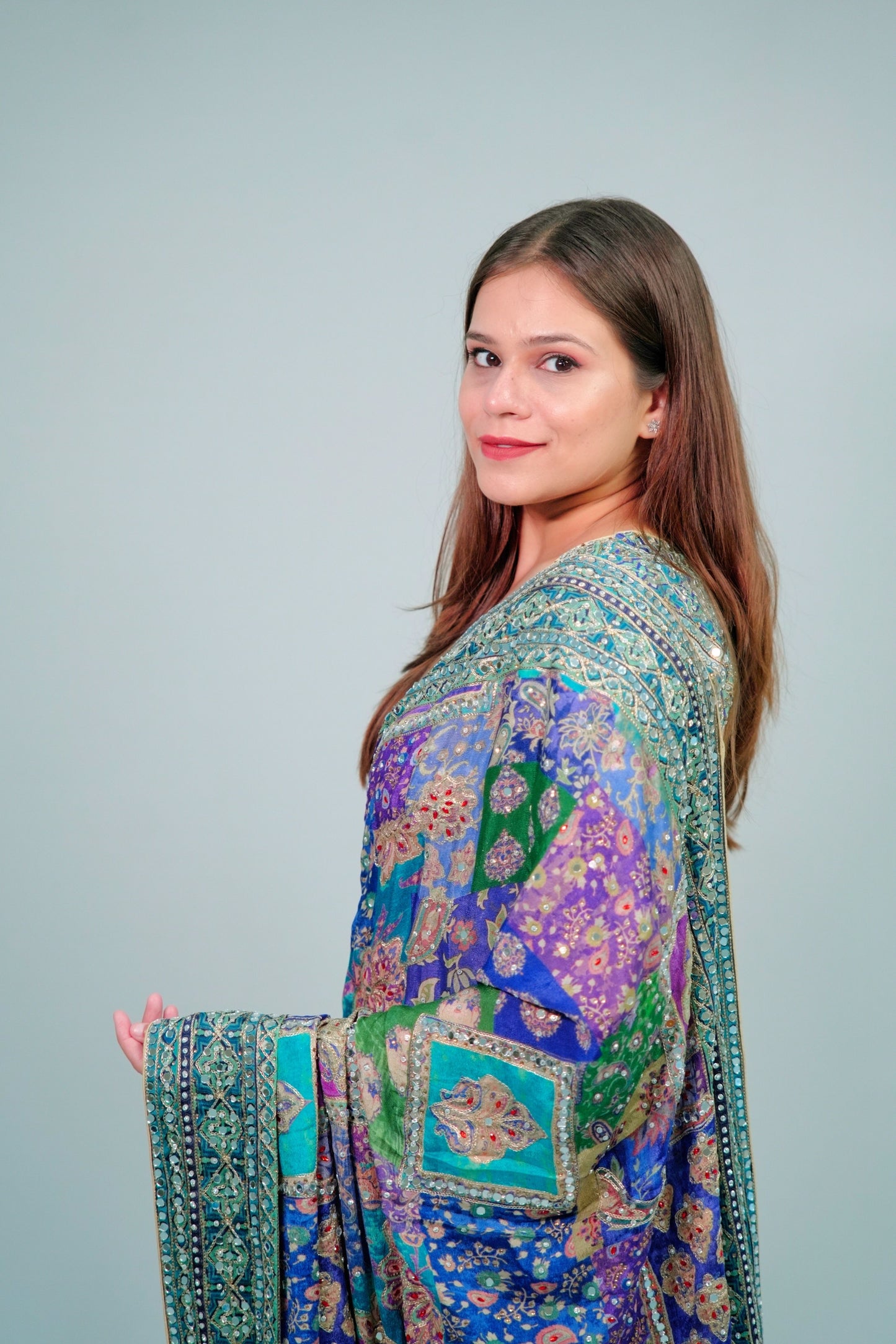 Chinon crepe printed saree with Mirror work with ready blouse