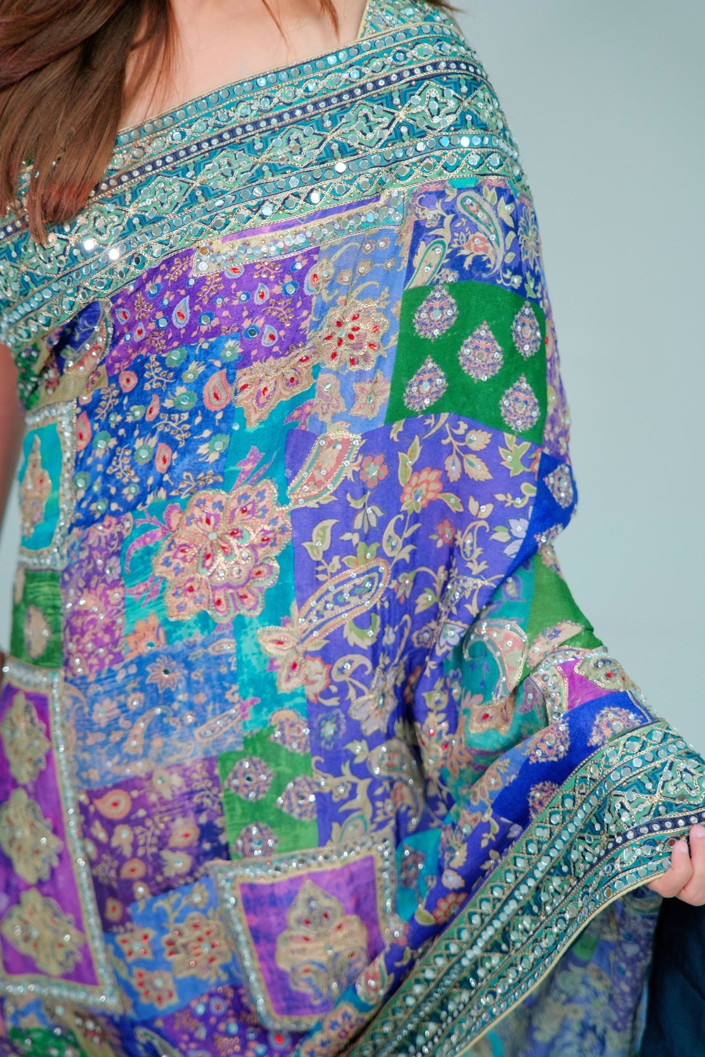 Chinon crepe printed saree with Mirror work with ready blouse