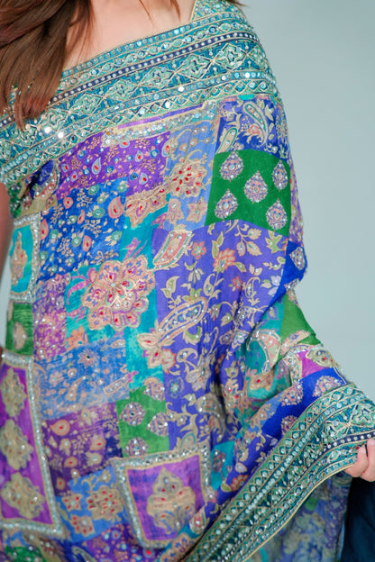 Chinon crepe printed saree with Mirror work with ready blouse