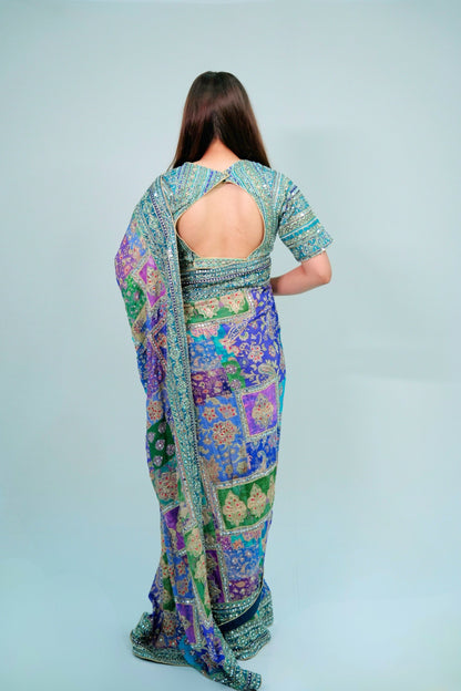 Chinon crepe printed saree with Mirror work with ready blouse