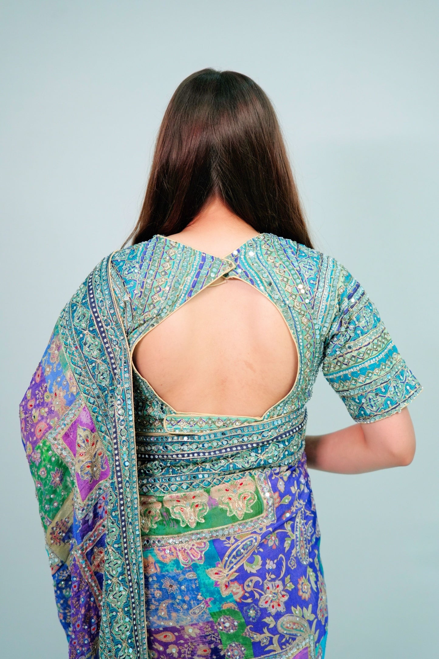 Chinon crepe printed saree with Mirror work with ready blouse