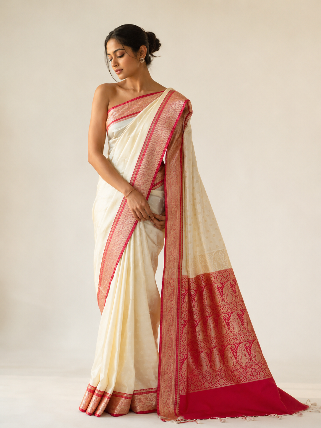 White Red Silk Saree