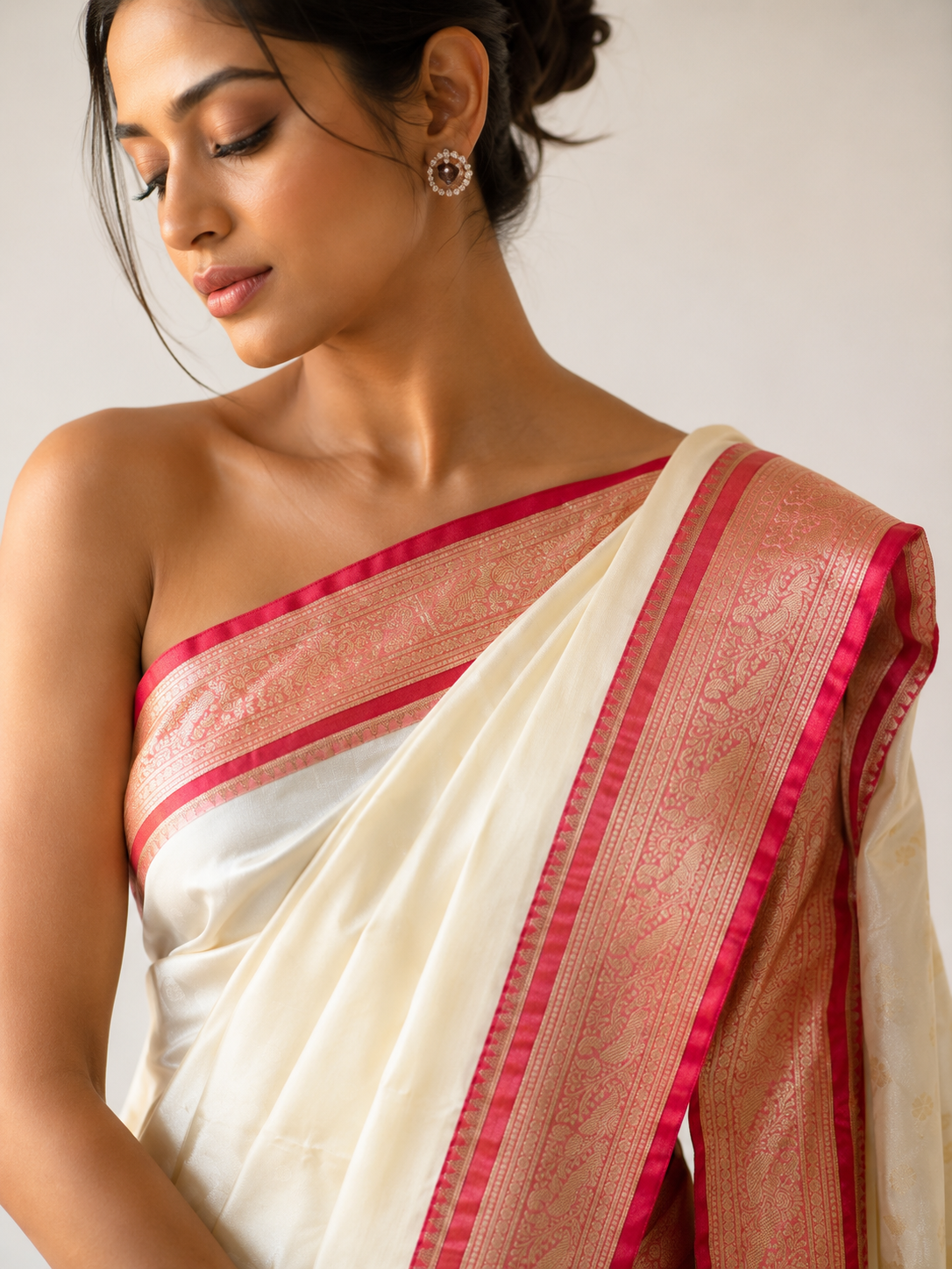White Red Silk Saree