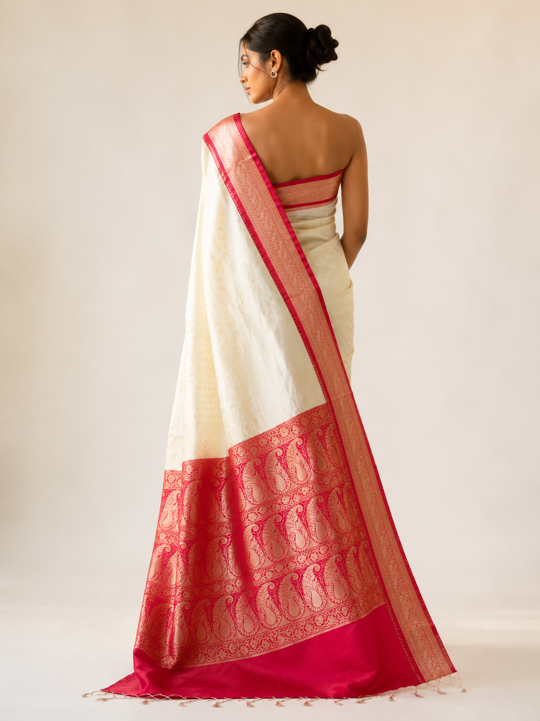 White Red Silk Saree