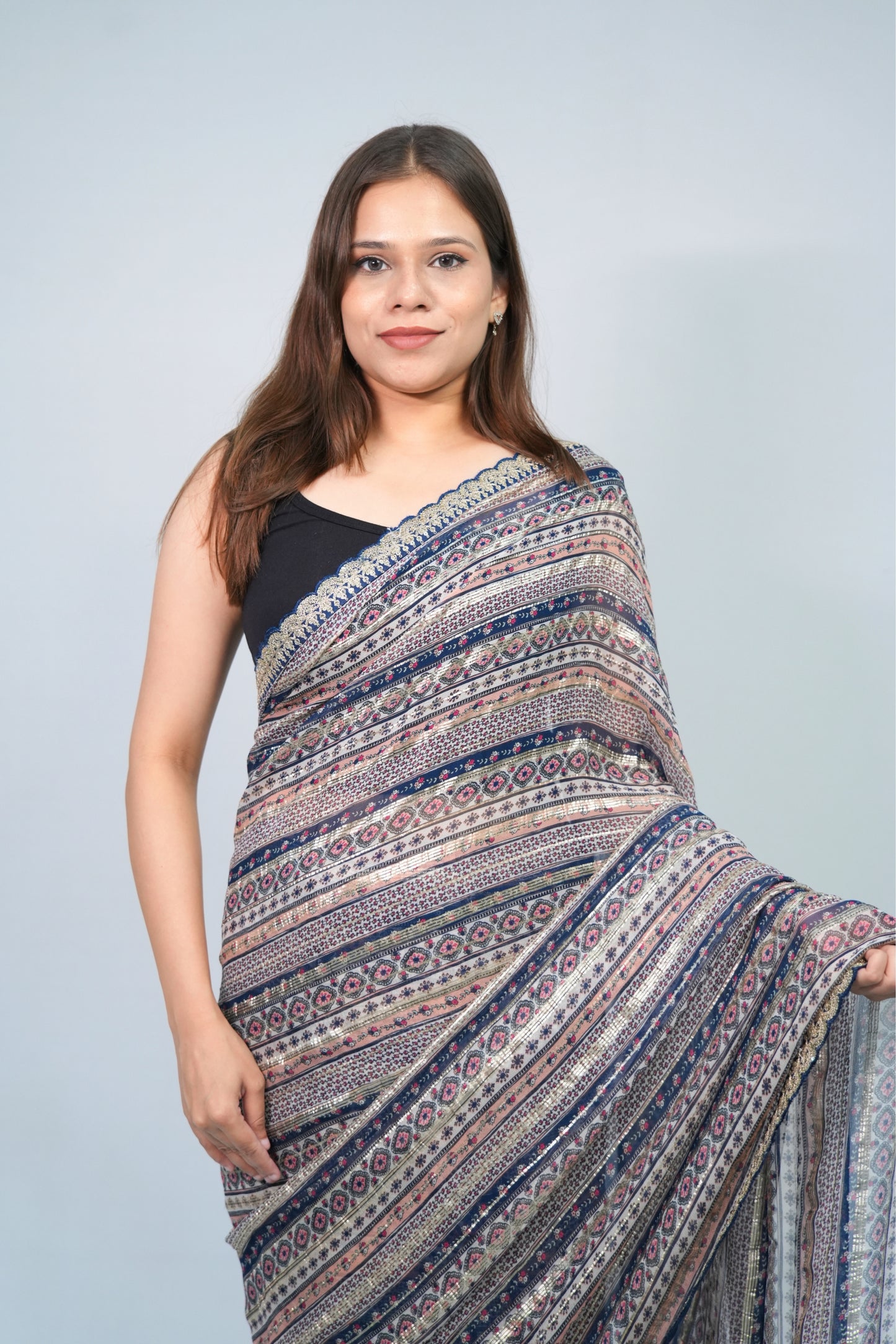 Georgette Multi-color Stripe printed