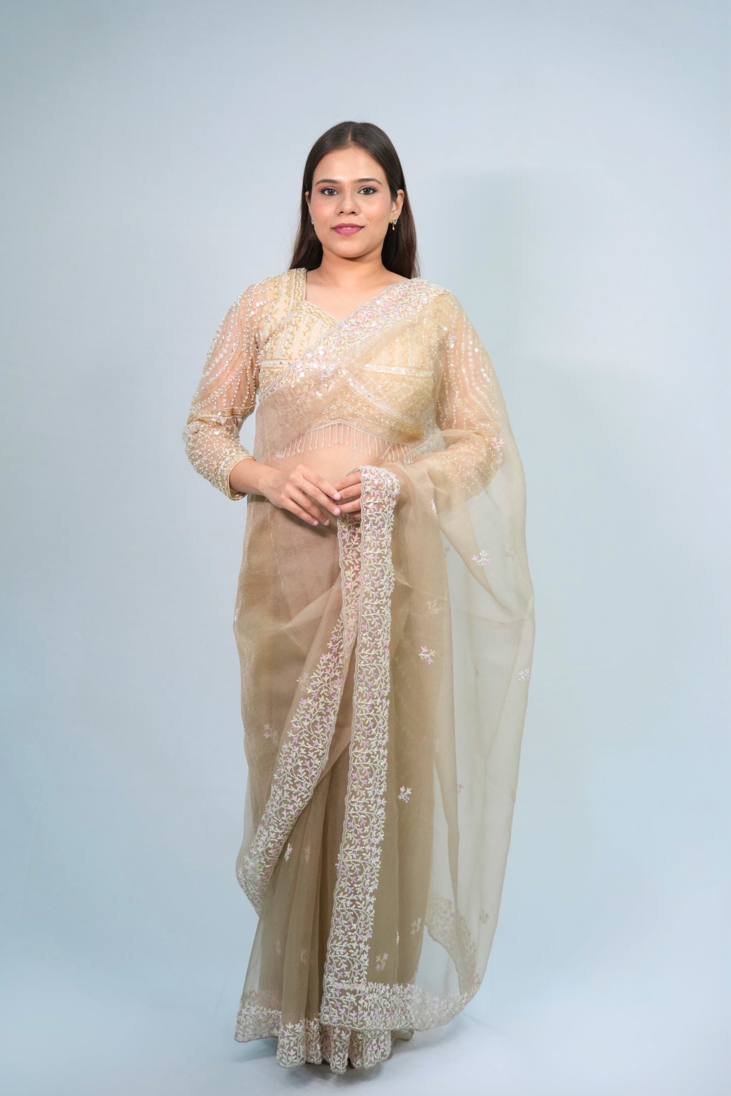 Tissue Hand Embroidered saree