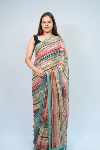 Georgette Multi-color Stripe printed