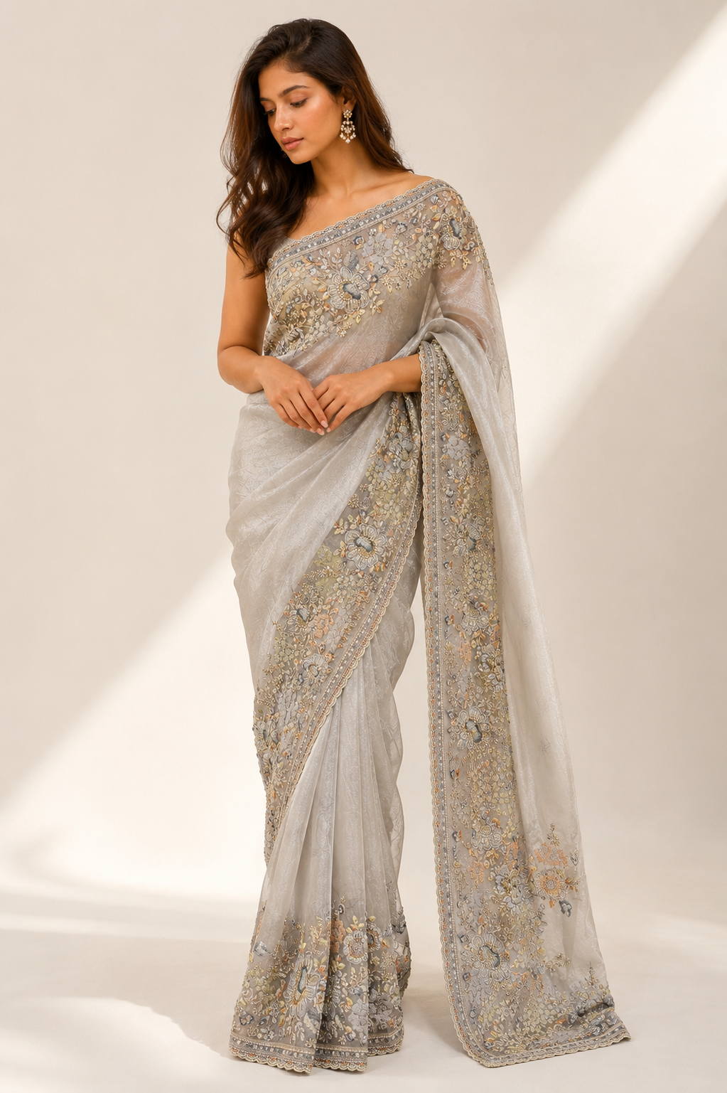 Glass Tissue Embroidery Saree