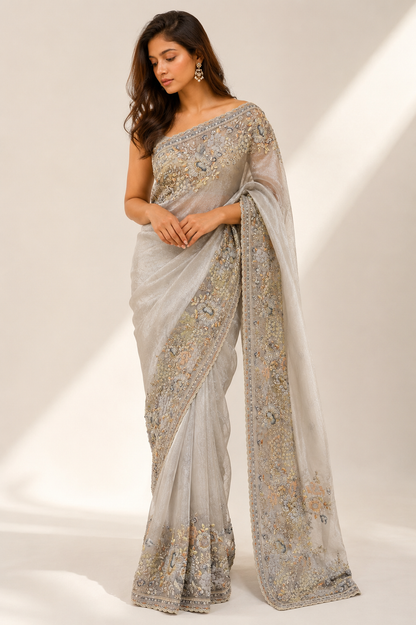 Glass Tissue Embroidery Saree