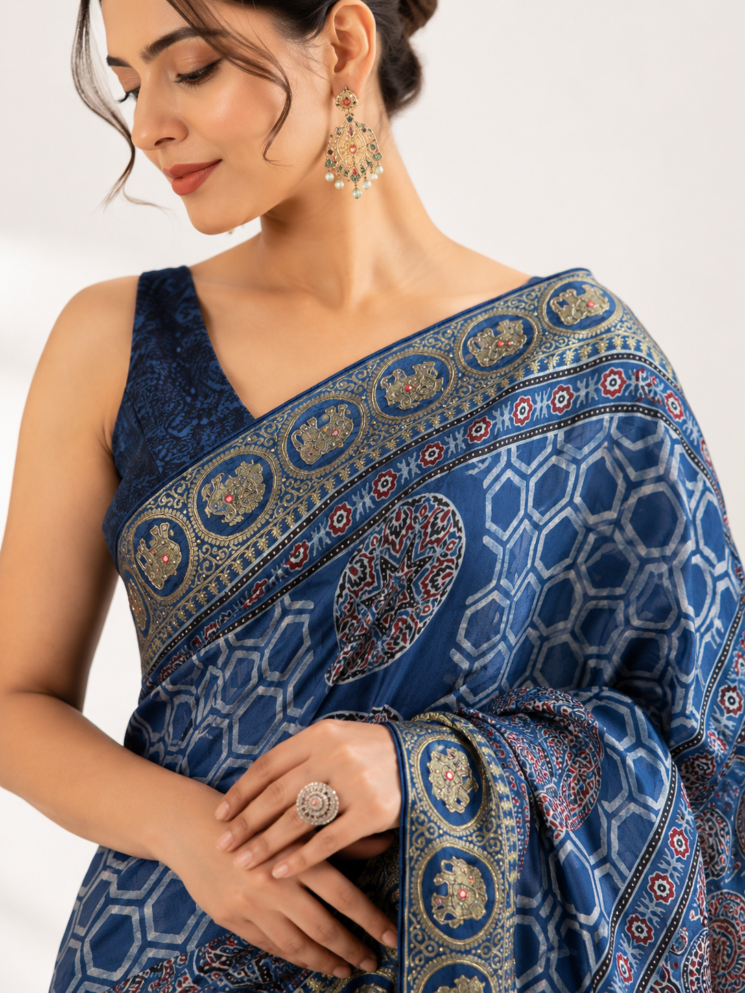 Pure Modal Ajrak Hand Work Saree