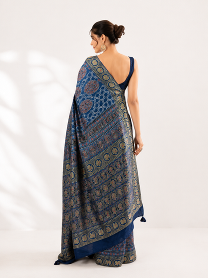 Pure Modal Ajrak Hand Work Saree