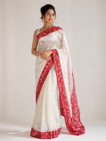 White Red Chikankari Saree