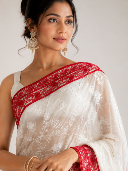 White Red Chikankari Saree