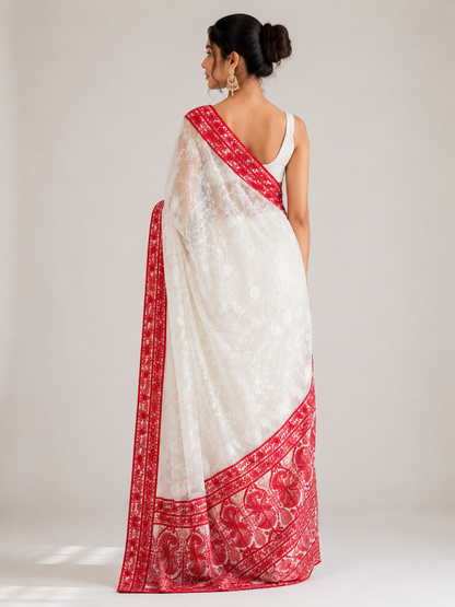 White Red Chikankari Saree