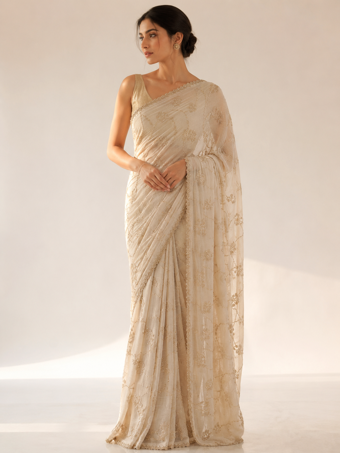 Wrinkle Chiffon Cutdana Saree