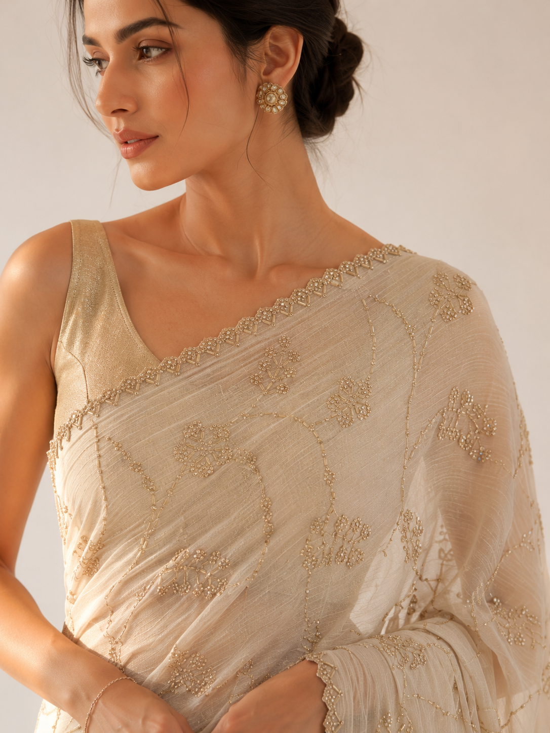 Wrinkle Chiffon Cutdana Saree