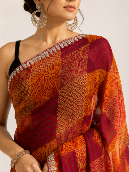 Block Print Chiffon Saree