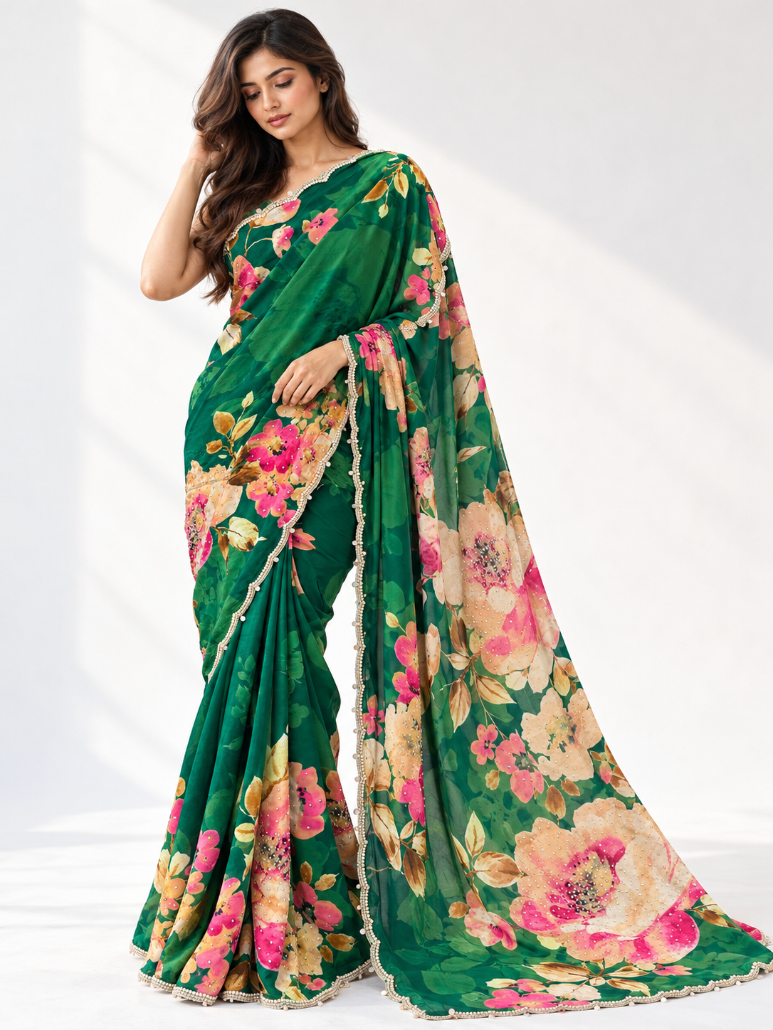 Floral Sequin Crepe Saree