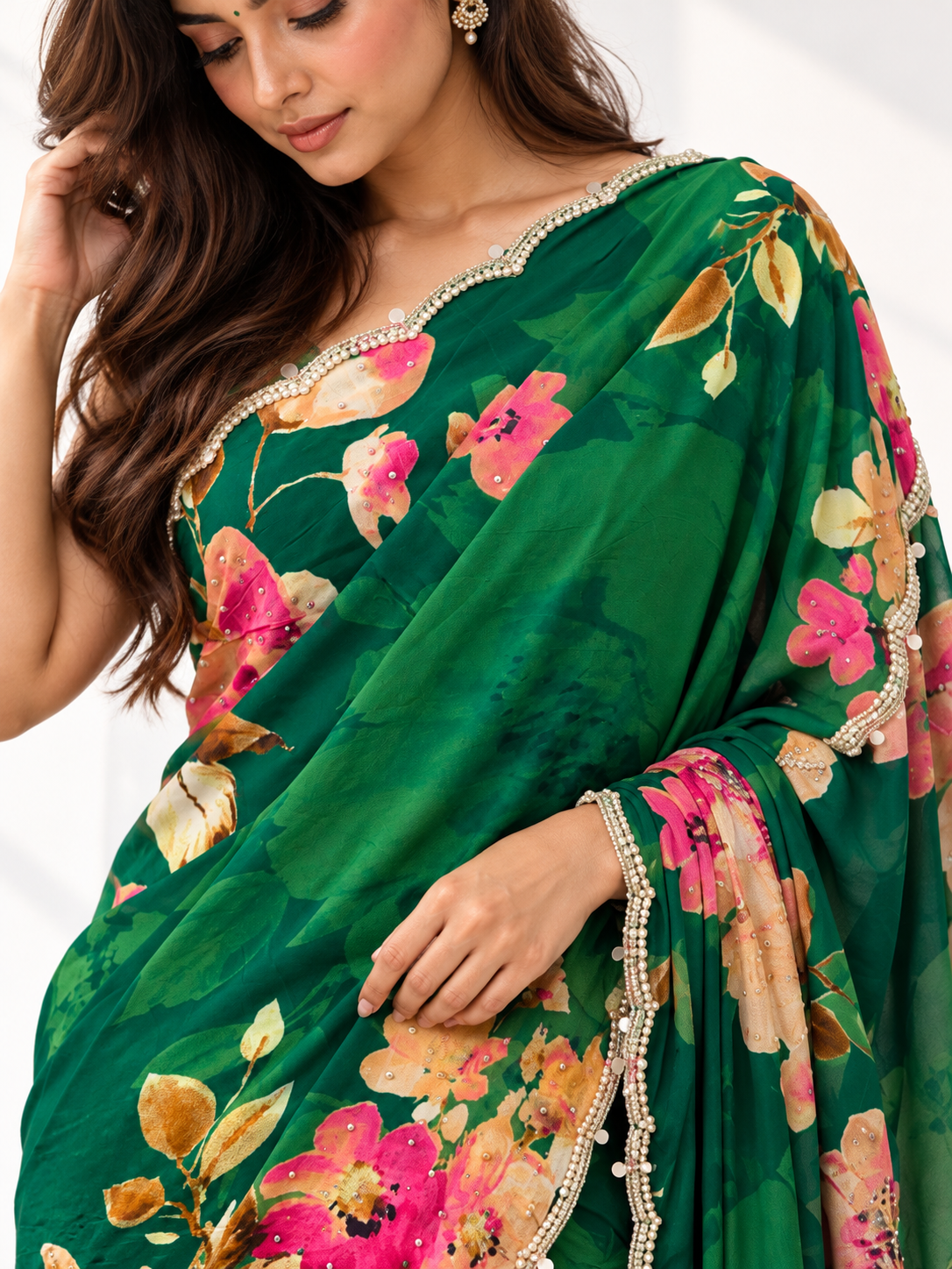 Floral Sequin Crepe Saree