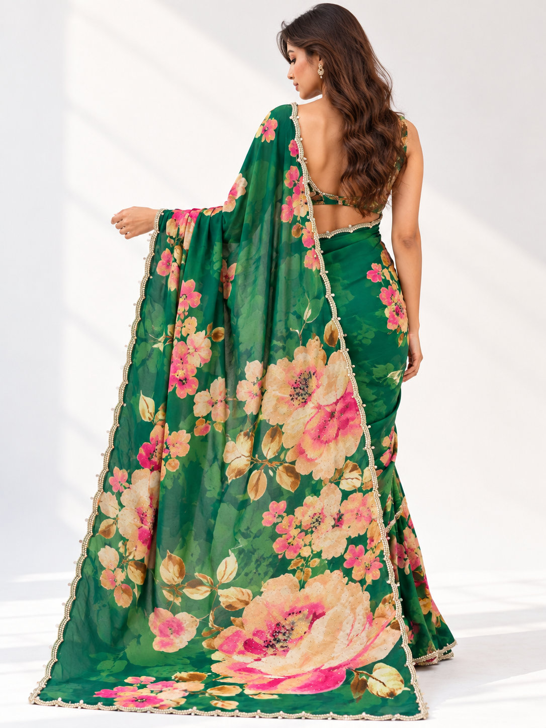 Floral Sequin Crepe Saree